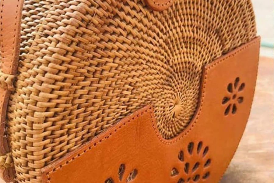 Rattan Bags Brown with Leather Design